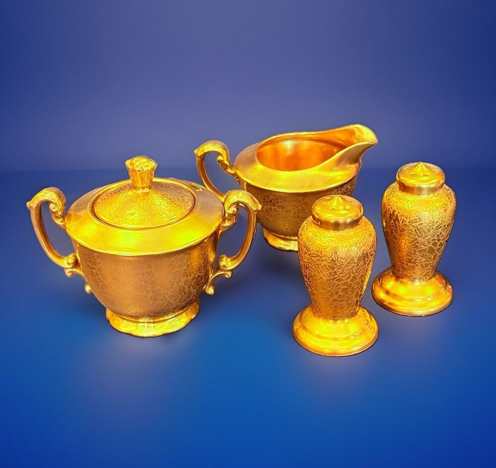 Vintage Pickard Set Gold Encrusted Floral Creamer Sugar Salt and Pepper 5 piece